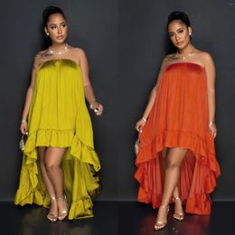 Casual Dresses SKMY Sexy Satin Strapless Sleeveless Ruffles Patchwork Irregular Dress Solid Colour Nightclub Party Clothes For Women