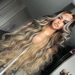 Ash Blonde Highlights Full Lace Wig for Women Black Roots Ombre Human Hair Wig Long Wavy 13x6 Lace Front Wig Pre Plucked 180%