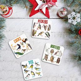 Table Mats Bird Pun Coasters Wooden 4pcs Daily Kitchen Thick Square Printed Funny Drinks Cup Mat Housewarming Gift Home Decoration