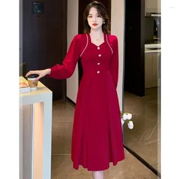 Casual Dresses 2024 Dress Autumn And Winter Splicing Fashionable Red Slim Big Swing Toast Style Medium Long