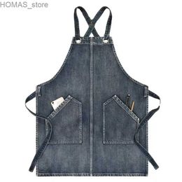 Aprons Hot Wash Water Black Blue Denim Apron Restaurant Cafe Barber Bakery Baked Mens And Womens Work Clothes Waist Adjustable Apron Y240401