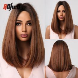 Wigs Copper Brown Ombre Synthetic Bob Hair Wig Medium Long Straight Wigs for Black Women Afro Cosplay Daily Wig Heat Resistant Fiber