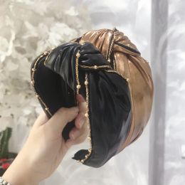Pearl Chain PU Leather Headband Hairband Hair Hoops Solid Colour Knotted Girls Hair Accessories Leather knot Headwrap Wholesale