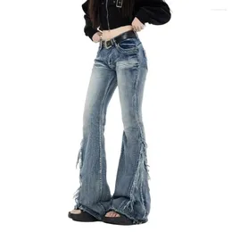 Women's Jeans American Vintage Blue Boyfriend Flare For Women Clothes Spring Autumn Tassel Edge Design Low-rise Washed Denim Y2k Pants