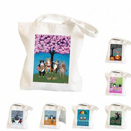coffee Cat Printed Shoulder Bags Cute Animal Handbag for Women's Harajuku Reusable Storage Pouch Girls Canvas Tote Shop Bag q3vO#