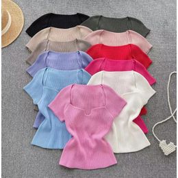 Women's T Shirts 2024 Spring Summer Ladies Solid Color Square Neck Knitted Short-sleeved T-shirt Simple Pullover Slim Tops Y2k Crop Top