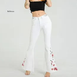 Women's Jeans High Waist Embroidery Denim Flare Pants White Skinny Woman Vintage Casual