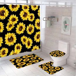 Shower Curtains 4Pcs Black Curtain Set Watercolor Sunflower Flowers Bathroom Decor Fabric Screen Non-Slip Rug Toilet Seat Cover Bath Mat