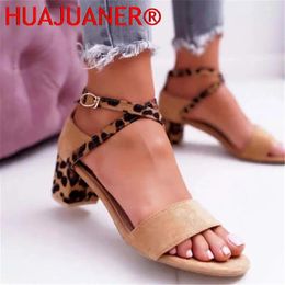 Sandals 2024 Summer Women Peep-toe Buckle Strap Party Leopard Print Yellow Square High Heels 5CM