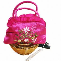 new Chinese Style Rose Red Glossy Cloth Bag With Handle Oriental Traditial Handmade Ribb Embroidery Makeup Bags OOTD Style K3VK#