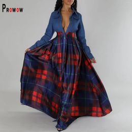 Casual Dresses Prowow High Waisted Women's Maxi Dress Long Sleeve Single Breated Female Clothing Plaid Print Holiday Vacation Outfits