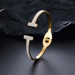 Bangle Stainless Steel Bracelet For Women Double T-shaped Zircon Cuff Bangles Bracelets Fashion Jewellery Temperament Accessories Gifts