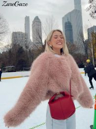 Elegant Luxury Pink Fluffy Faux Fur Coat Women Loose Long Sleeve Thicken Warm Jacket Female Autumn Winter Loose Lady Outerwear