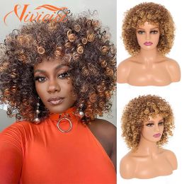 Wigs Afro Kinky Curly Wig With Bangs Short Synthetic Wigs For Black Women Black wig Glueless Cosplay Hair High Temperature VIVIEIEI