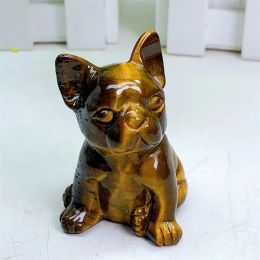 Sculptures 5.5cm Natural Tiger Eye Stone French Bulldog Dog Figurine Healing Crystal Aesthetic Decor Luck Witch Halloween Gift 1pcs