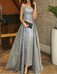 Silver Sequined Mother Of The Bride Dresses Detachable Overskirt Plus Size Party Mother039s Gowns Off Shoulder Long Prom Evenin2980977