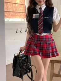 American Style School Girl Uniform Set Summer Daily Slim Vest Mini Pleated Skirt Red Plaid Korean Students JK School Uniform