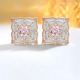 Stud Earrings Fashionable Precision Flower Square Powder Diamond 925 Pure Silver Ear Set With High Carbon Wedding Jewelry