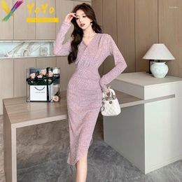 Casual Dresses 2024 Spring Formal Purple V-neck Long Sleeved Irregular Knitted Dress Elegant Slim Bodycon Office Women's Sweater