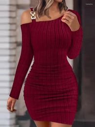 Casual Dresses Off Shoulder Chain Patchwork Lady Party Dress Sexy Slim Women Mini Long Sleeve Elegant Chic Diagonal Collar Sheath