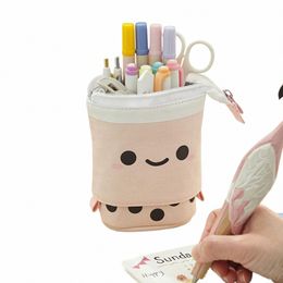 canvas Retractable Pencil Bag Large Capacity Polka Dot Print Zip-up Pen Pouch with Multi-pockets Milk Tea Cup Shape Cosmetic Bag l1qr#
