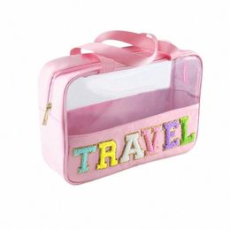 translucent W Bags Travel Makeup Bags with Letter Patches Large Clear Make up Bags Zipper Pouch with Handle Bath Organizer I0os#