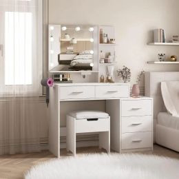 Vanity Desk with Mirror and Lights, White Vanity with Bedside Table, 5 Drawers Large Capacity, Metal Silver Handle,Makeup Vanity
