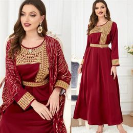 Ethnic Clothing Embroidered Open Abaya Moroccan Kaftan Dresses 2 Pieces Set Eid Ramadan Muslim Women Kimono Cardigan Dress Jalabiya Robe