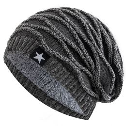 New Unisex Slouchy Winter Hats Add Fur Lined Men And Women Warm Beanie Cap Casual Five-pointed Star Decor Winter Knitted Hats