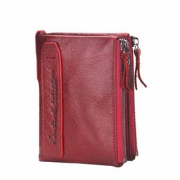 2023 Fi Genuine Leather Women Wallet Bi-fold Wallets Red ID Card Holder Coin Purse With Double Zipper Small Women's Purse Y4Qq#