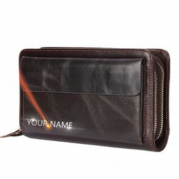 2024 Leather Large Men Clutch Wallets Name Customised Men Purse 100% Genuine Leather Lg Leather Male Wallet d9EU#