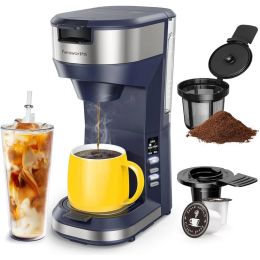 Famiworths Hot and Iced Coffee Maker Single-serve Brewers, with 30Oz Removable Water Reservoir, 6 to 24Oz Cup Size, Dark Blue