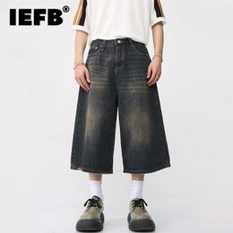 IEFB Korean Style Vintage Mens Jeans Summer Loose Male Wide Leg Knee Length Shorts Washed Fashion Denim Trouser 9A8825 240319