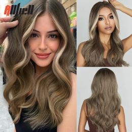 Ash Brown Curly Wave Synthetic Wig Highlight Blonde Platinum Wigs for Women Middle Length Hair Heat Resistant Cosplay Wig