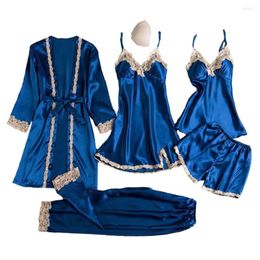 Home Clothing 5 Pcs/Set Women Pyjamas Set Nightgown Nightdress Top Shorts Pants Silky Satin Lace Patchwork Thin Sleepwear