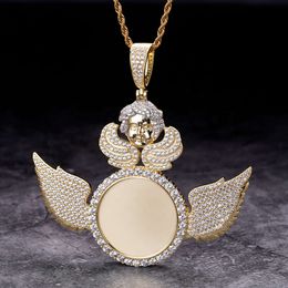 Gold Plated Hip Hop Photo Picture Iced Out Custom Jewellery Sublimation Blanks Cz Moissanite Angel Wing Picture Pendant