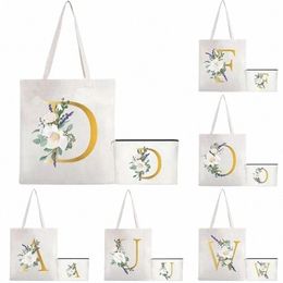 english Alphabet Watercolor Floral Wedding Mogram Fr Initial Letter Print Women's Canvas Shopper Tote Bag Shop Handbag g07O#