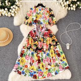 Party Dresses 2024 Spring Summer Colourful Flower Print Holiday Midi Dress Women Ruffled Collar Flare Short Sleeve High Elastic Waist