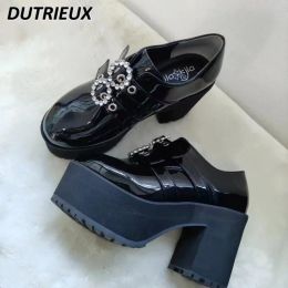 Japanese Cute Mine Series Round Drill Buckle Platform Heels Deep Mouth Patent Leather Student High Heels Uniform Women's Shoes