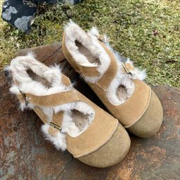 Casual Shoes 2024 Autumn Winter Velvet Warm Cowhide Women's Wearing Belt Buckle Doudou Snow Boots Fashion