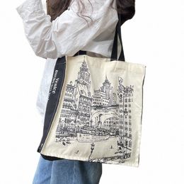 women Canvas Shoulder Bag Venice City Print Ladies Shop Bags Cott Cloth Fabric Grocery Handbags Tote Books Bag For Girls s7e1#