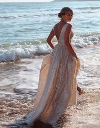 Sparkling rose Gold Sequin Beach Wedding Dresses Sexy Backless Deep V Neck Floor Length Plus Size Wedding Gown2701759