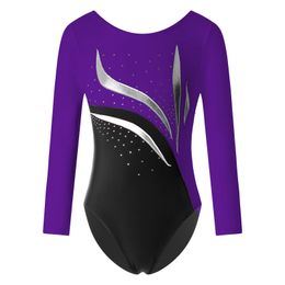 Children Gymnastics Jumpsuits Long Sleeve Skating Bodysuit for Girls Kids Shiny Rhinestone Ballet Dance Leotards Dancewear