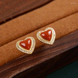 Dangle Earrings Natural South Red Agate Love Heart Stud S925 Sterling Silver Simple Small Heart-Shaped Ear Rings Women's High-Grade