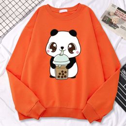 Casual Simple Women Pullovers Baby Panda Drinking Milk Tea Printing Hoodies Crewneck Soft Sweatshirt Fleece Warm Female Clothes