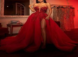 2021 Evening Dresses with Detachable Train Off Shoulder Beads Mermaid Prom Gowns Lace Applique Luxury Red Party Dress Robes De Soi1290838