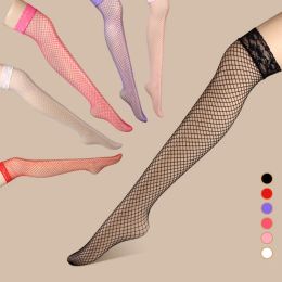 Women Sexy Stockings Lace Net Thigh High Stocking Over Knee Transparent Elastic Black White Red Pink Girls Socks Long