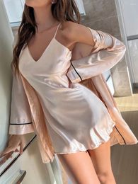 Home Clothing Casual Solid Satin Pajama Set Long Sleeve Open Front Robe Round Neck Slip Dress Women's Sleepwear Loungewear
