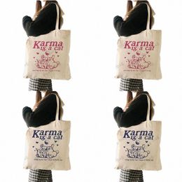 1pc K is a Cat Album Positive Quote pattern Tote Bag Canvas Shoulder Bag For Travel Daily Commute Women's Reusable Shop z3TI#