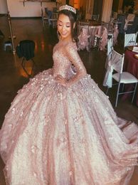 Amazing Rose Gold Long Sleeves 3D Flower Quinceanera Prom Dress Ball Gown Beaded Illusion Evening Formal Gowns Sweet 16 Vestidos7704662